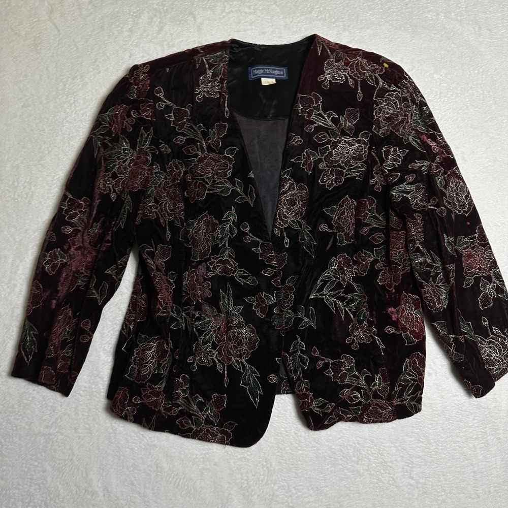 Maggie McNaughton Vintage Velvet Floral Blazer Burgundy Metallic Plus Size 18W